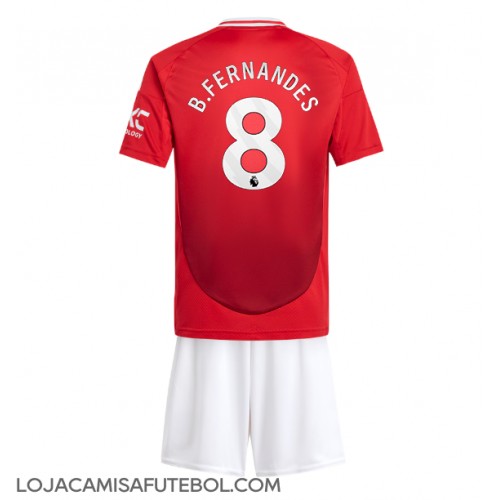 Camisa de Futebol Manchester United Bruno Fernandes #8 Equipamento Principal Infantil 2024-25 Manga Curta (+ Calças curtas)